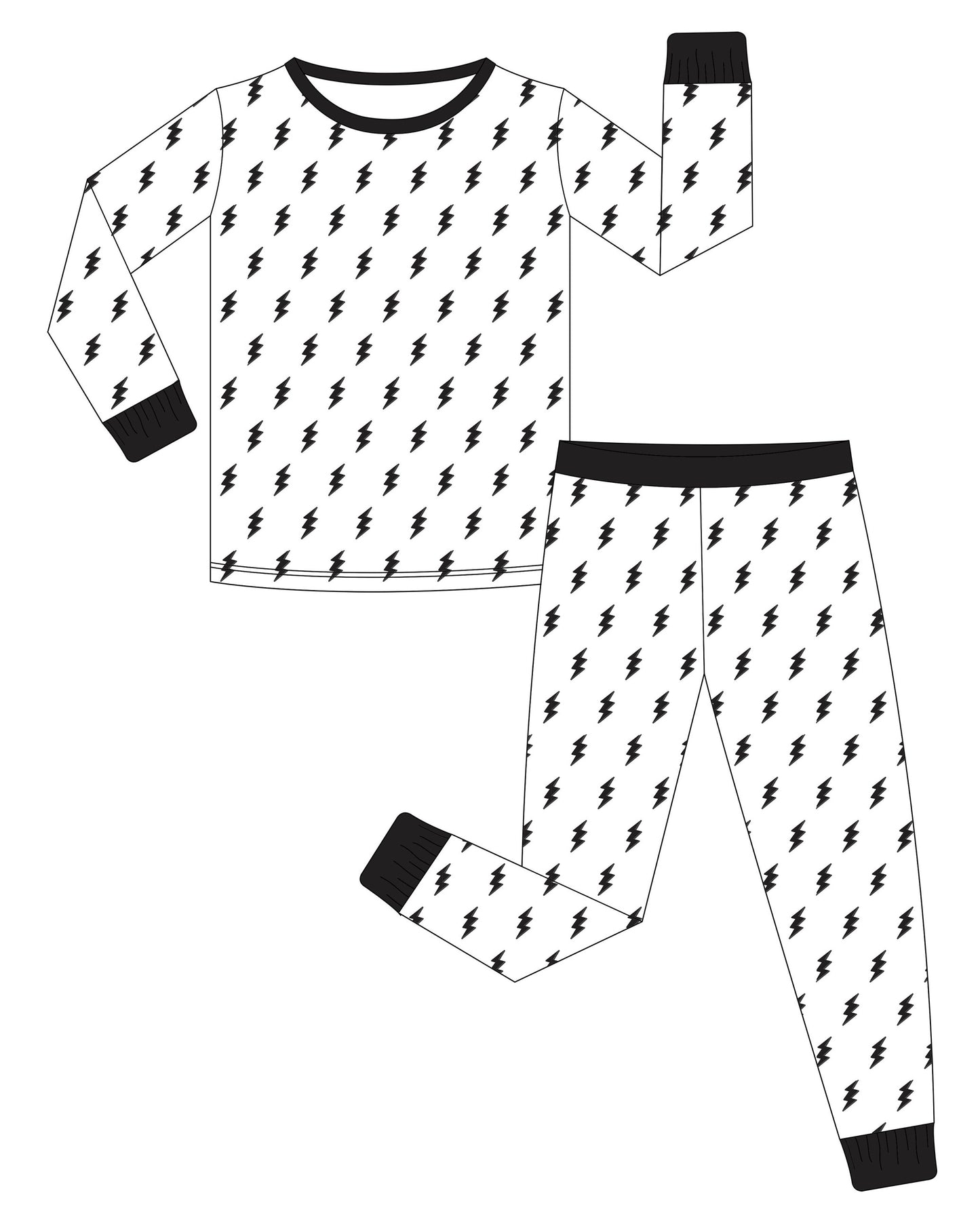 White & Black Bolts 2 pc Long Sleeve